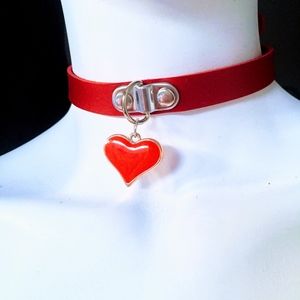 Red Faux Leather Choker w/Heart Pendent